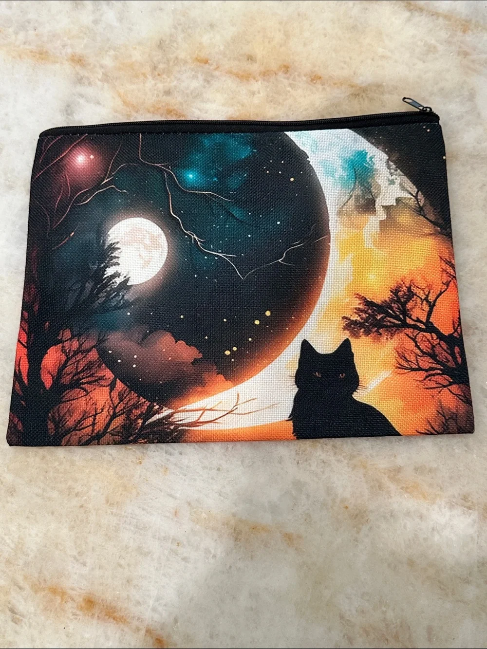 Celestial Cat Zip Pouch in Black, Orange & Teal